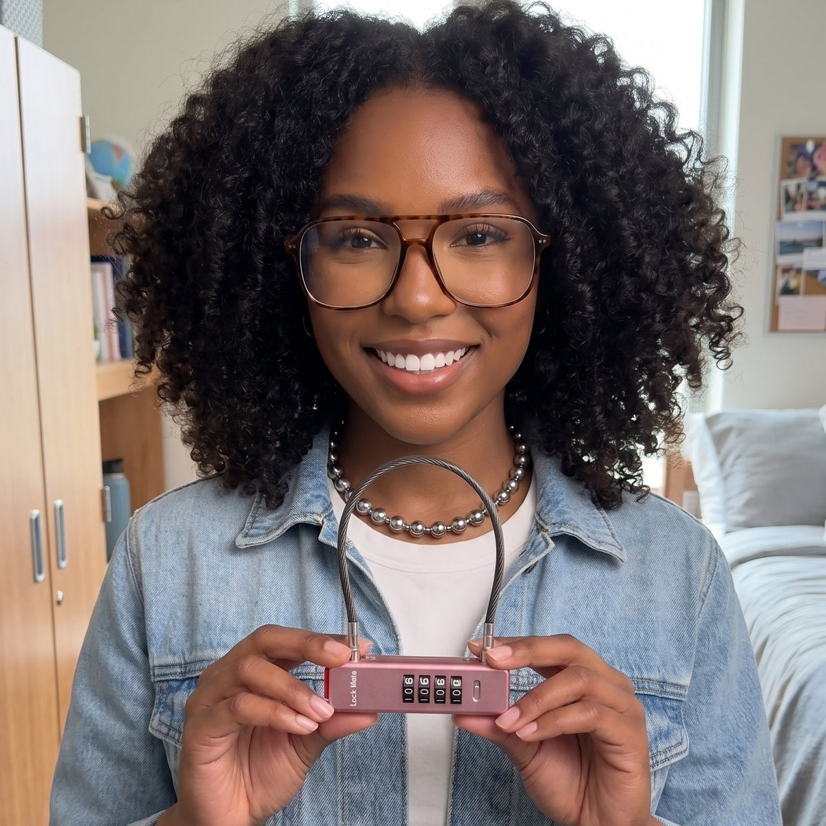 A smiling woman with curly black hair and glasses holds a small pink digital lock combination device in front of her. She is wearing a light blue denim shirt over a white t-shirt in a bedroom setting.